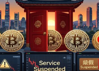 Monedas de bitcoin frente a un arco tradicional chino con puertas rojas abiertas hacia ciudad moderna, sobre pantallas que muestran advertencias y gráficos en descenso.