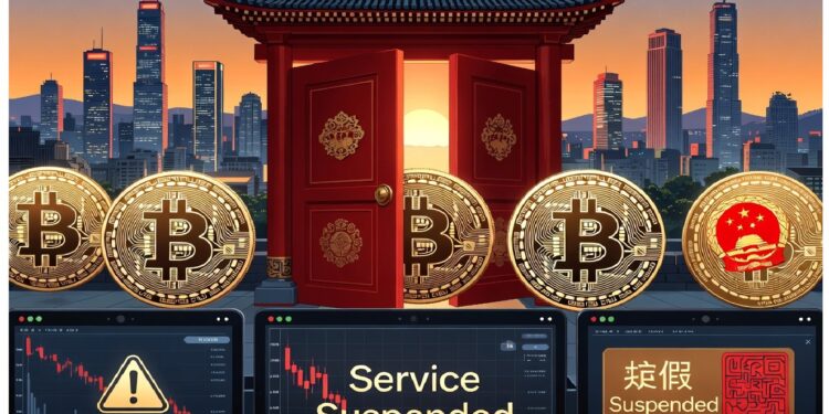 Monedas de bitcoin frente a un arco tradicional chino con puertas rojas abiertas hacia ciudad moderna, sobre pantallas que muestran advertencias y gráficos en descenso.