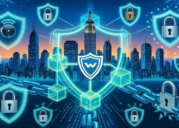 Ciudad futurista iluminada con tonos azules y naranjas, rodeada de escudos, candados y cubos conectados por cadena digital que simbolizan ciberseguridad y redes protegidas.