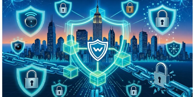 Ciudad futurista iluminada con tonos azules y naranjas, rodeada de escudos, candados y cubos conectados por cadena digital que simbolizan ciberseguridad y redes protegidas.