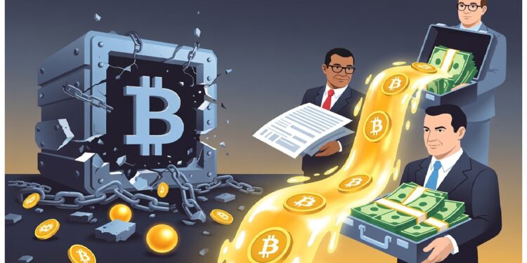 Bóveda con símbolo de bitcoin rota dejando salir monedas doradas hacia tres personas de negocios, una con maletín de efectivo y otra operando máquina de conversión.