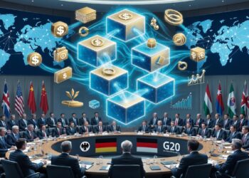 Delegados del G20 reunidos en mesa circular bajo hologramas de cubos conectados y símbolos financieros, destacando un enfoque global en tecnología y economía digital.