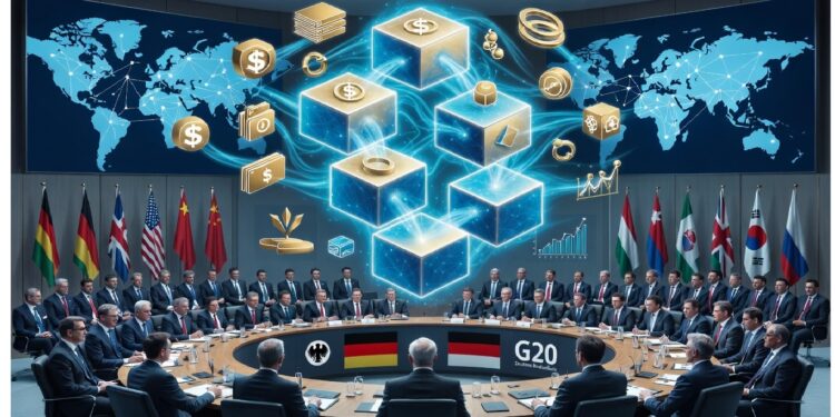 Delegados del G20 reunidos en mesa circular bajo hologramas de cubos conectados y símbolos financieros, destacando un enfoque global en tecnología y economía digital.
