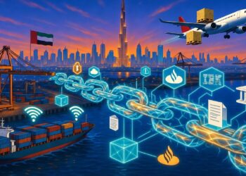 Puerto con barco y avión moviendo carga frente a Dubái, atravesados por una cadena digital luminosa e íconos que sugieren conexión, datos y logística avanzada.