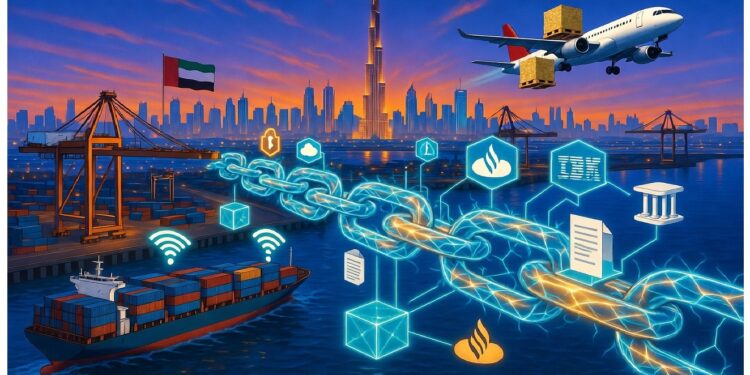 Puerto con barco y avión moviendo carga frente a Dubái, atravesados por una cadena digital luminosa e íconos que sugieren conexión, datos y logística avanzada.