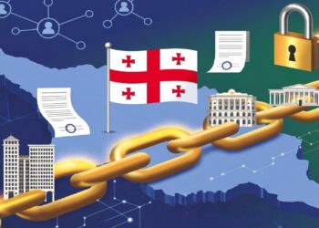 Cadena dorada sobre mapa de Georgia con bandera al centro, documentos sellados, edificios oficiales e íconos de red que evocan sistemas digitales seguros.