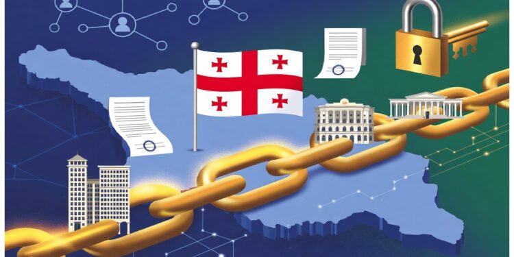 Cadena dorada sobre mapa de Georgia con bandera al centro, documentos sellados, edificios oficiales e íconos de red que evocan sistemas digitales seguros.