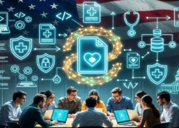 Personas trabajando con portátiles ante bandera de EE. UU., rodeadas de íconos médicos, de seguridad y datos que sugieren colaboración tecnológica en sistemas de salud.