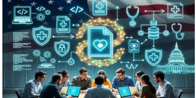 Personas trabajando con portátiles ante bandera de EE. UU., rodeadas de íconos médicos, de seguridad y datos que sugieren colaboración tecnológica en sistemas de salud.