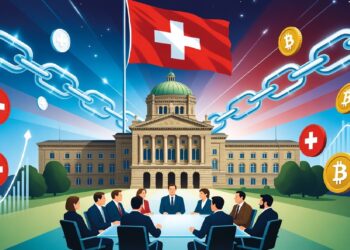 Edificio gubernamental suizo con bandera nacional, rodeado de símbolos de criptomonedas y una mesa redonda donde personas debaten sobre finanzas digitales y regulación.