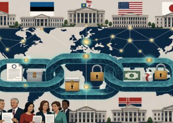 Cadena digital sobre mapa mundial uniendo íconos de documentos, candados y monedas, con edificios y banderas nacionales que sugieren cooperación global en tecnología segura.