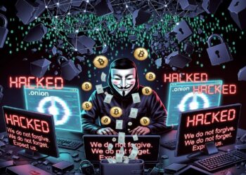 Hacker con máscara frente a múltiples pantallas que muestran “HACKED”, rodeado de candados, fragmentos digitales y símbolos de bitcoin que evocan intrusión cibernética.