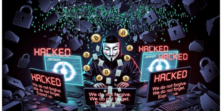 Hacker con máscara frente a múltiples pantallas que muestran “HACKED”, rodeado de candados, fragmentos digitales y símbolos de bitcoin que evocan intrusión cibernética.