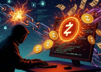 Persona encapuchada ante computadora con código, rodeada de íconos de Zcash, billetes y cadena rota con chispas que sugieren vulneración de seguridad en criptomonedas.