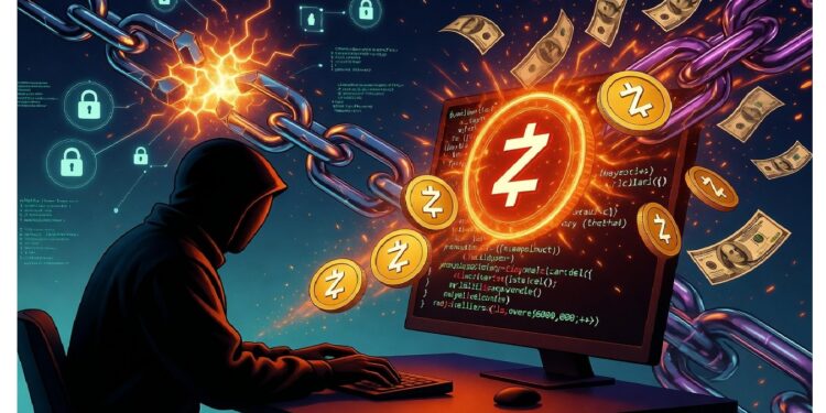 Persona encapuchada ante computadora con código, rodeada de íconos de Zcash, billetes y cadena rota con chispas que sugieren vulneración de seguridad en criptomonedas.