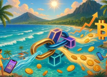 Playa tropical con palmeras y montañas donde una cadena luminosa conecta cubos digitales, liberando monedas de bitcoin mientras dos personas operan sus móviles.