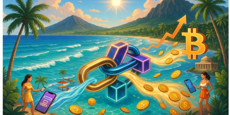Playa tropical con palmeras y montañas donde una cadena luminosa conecta cubos digitales, liberando monedas de bitcoin mientras dos personas operan sus móviles.
