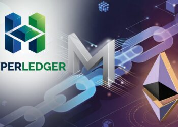Logos de Hyperledger, una M metálica central y emblema de Ethereum sobre fondo de bloques y cadenas digitales, aludiendo a plataformas blockchain y su interoperabilidad técnica.