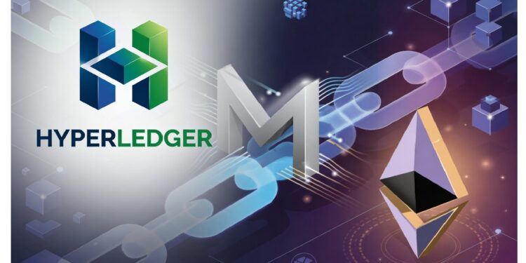 Logos de Hyperledger, una M metálica central y emblema de Ethereum sobre fondo de bloques y cadenas digitales, aludiendo a plataformas blockchain y su interoperabilidad técnica.
