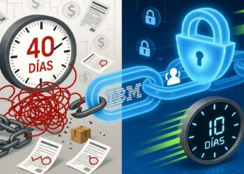 Comparación entre proceso caótico con cables y papeles marcado 40 días y entorno digital seguro con cadena y logo de IBM que reduce el tiempo a 10 días.