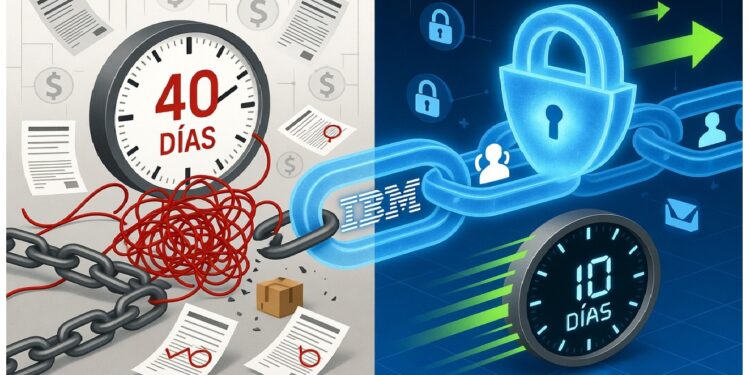 Comparación entre proceso caótico con cables y papeles marcado 40 días y entorno digital seguro con cadena y logo de IBM que reduce el tiempo a 10 días.