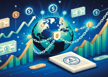 Globo rodeado de íconos financieros y cadenas brillantes, con gráficos ascendentes a los lados y documentos sellados en primer plano sobre fondo azul tecnológico.