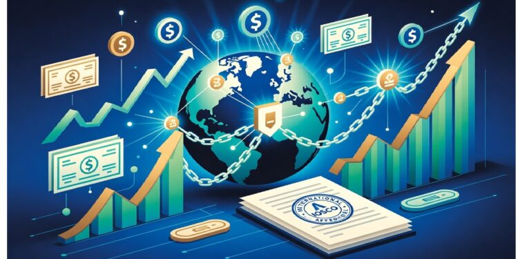 Globo rodeado de íconos financieros y cadenas brillantes, con gráficos ascendentes a los lados y documentos sellados en primer plano sobre fondo azul tecnológico.