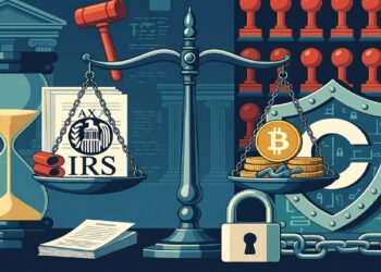 Balanza con documento fiscal y mazo frente a monedas de bitcoin, acompañada de un escudo con candado y símbolos legales que evocan tensión entre impuestos y criptoactivos.