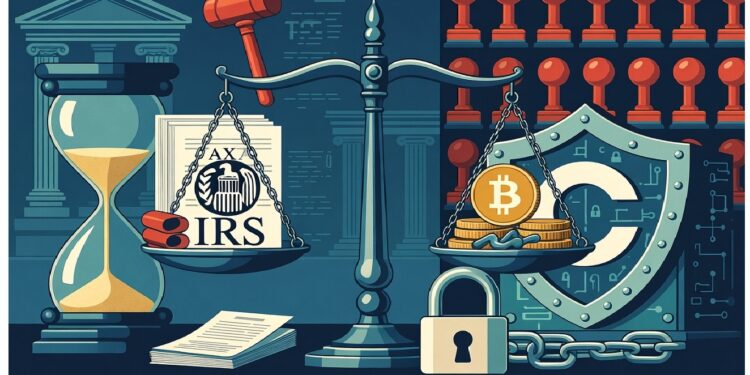 Balanza con documento fiscal y mazo frente a monedas de bitcoin, acompañada de un escudo con candado y símbolos legales que evocan tensión entre impuestos y criptoactivos.