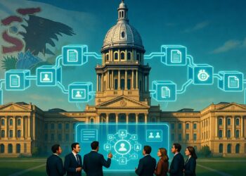 Personas frente al Capitolio de Illinois interactúan con interfaz holográfica de datos, con íconos de redes y documentos sobre arquitectura gubernamental clásica.