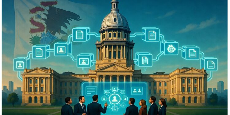 Personas frente al Capitolio de Illinois interactúan con interfaz holográfica de datos, con íconos de redes y documentos sobre arquitectura gubernamental clásica.