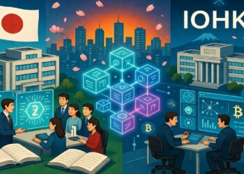 Escena dividida con edificio académico y bandera japonesa, cubos blockchain brillantes al centro y sede IOHK con Fuji, mostrando colaboración en investigación cripto y tecnología.