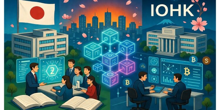 Escena dividida con edificio académico y bandera japonesa, cubos blockchain brillantes al centro y sede IOHK con Fuji, mostrando colaboración en investigación cripto y tecnología.