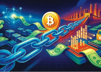 Cadena metálica con símbolo de bitcoin rodeada de signos monetarios y bloques digitales, frente a una ciudad futurista que sugiere conexión financiera global.