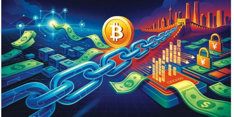 Cadena metálica con símbolo de bitcoin rodeada de signos monetarios y bloques digitales, frente a una ciudad futurista que sugiere conexión financiera global.