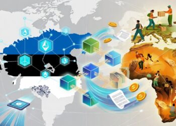 Mapa estilizado con Estonia y África conectados por bloques y símbolos digitales, mientras figuras realizan actividades comerciales que sugieren intercambio tecnológico y financiero.