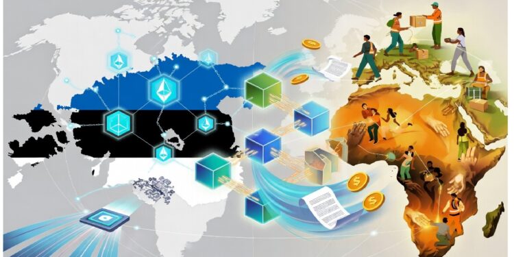 Mapa estilizado con Estonia y África conectados por bloques y símbolos digitales, mientras figuras realizan actividades comerciales que sugieren intercambio tecnológico y financiero.
