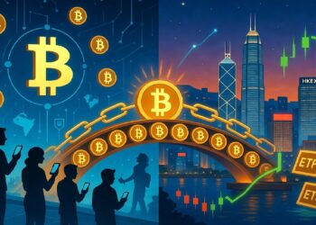 Personas con móviles ante símbolo de bitcoin conectado por líneas, junto a ciudad con rascacielos HKEX y puente de monedas hacia flechas verdes y etiquetas ETF.