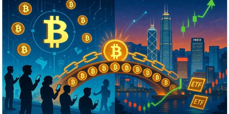 Personas con móviles ante símbolo de bitcoin conectado por líneas, junto a ciudad con rascacielos HKEX y puente de monedas hacia flechas verdes y etiquetas ETF.