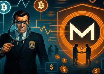 Hombre con lupa y placa examinando símbolos de criptomonedas, con un gran escudo y redes digitales detrás, mientras dos figuras intercambian un ícono de bitcoin.