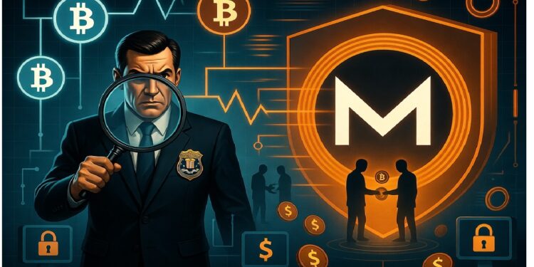 Hombre con lupa y placa examinando símbolos de criptomonedas, con un gran escudo y redes digitales detrás, mientras dos figuras intercambian un ícono de bitcoin.