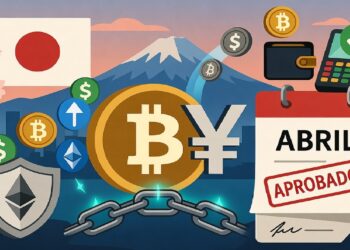 Monte Fuji y bandera japonesa tras símbolos de bitcoin y yen unidos por cadena, con íconos de pago y un calendario de abril sellado como aprobado.