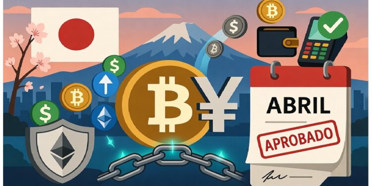 Monte Fuji y bandera japonesa tras símbolos de bitcoin y yen unidos por cadena, con íconos de pago y un calendario de abril sellado como aprobado.