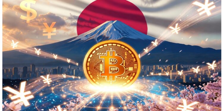 Bitcoin dorado centrado entre símbolos de yen y dólar, con Monte Fuji y sol rojo detrás, sobre cuadrícula futurista enmarcada por flores de cerezo rosadas.
