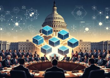 Funcionarios reunidos ante el Capitolio bajo cubos azules suspendidos y diagramas de red, simbolizando debate gubernamental sobre tecnologías digitales y gestión de datos.