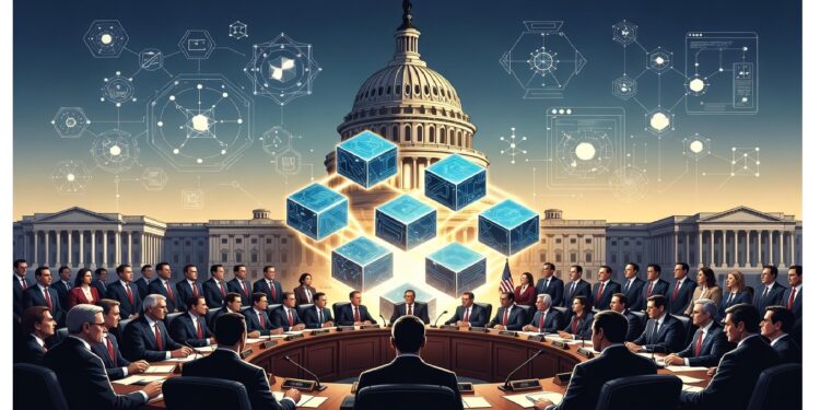 Funcionarios reunidos ante el Capitolio bajo cubos azules suspendidos y diagramas de red, simbolizando debate gubernamental sobre tecnologías digitales y gestión de datos.