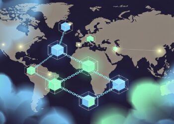 Mapa mundial oscuro con cubos translúcidos unidos por cadenas brillantes y nodos luminosos que sugieren red blockchain distribuida y conexiones digitales globales.
