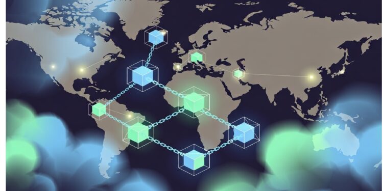 Mapa mundial oscuro con cubos translúcidos unidos por cadenas brillantes y nodos luminosos que sugieren red blockchain distribuida y conexiones digitales globales.