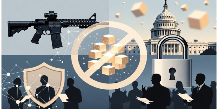 Capitolio estadounidense junto a rifle con conexiones digitales, símbolo de prohibición sobre cubos, candado grande y siluetas con documentos que sugieren regulación tecnológica.
