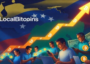Personas con portátiles y móviles conectadas por símbolos de bitcoin que ascienden en flecha, sobre fondo con bandera venezolana y mapa que sugiere adopción creciente.